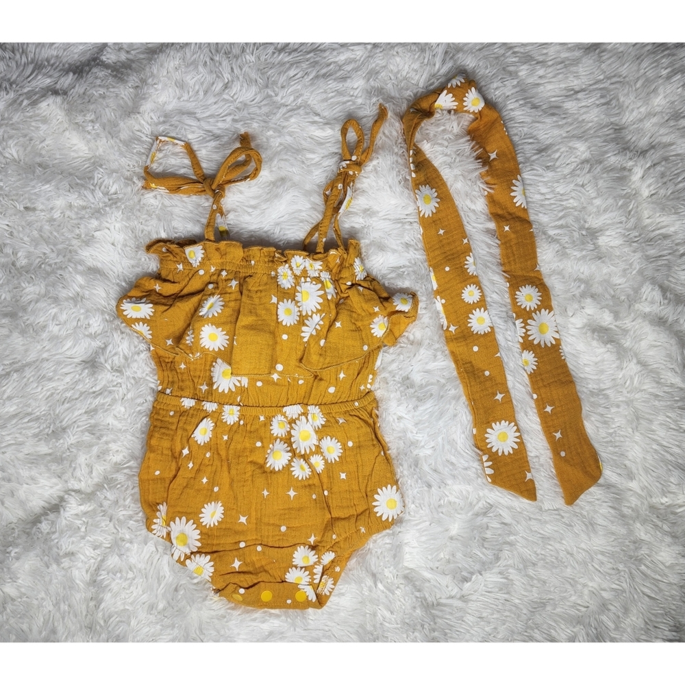 Daisy Outfit with Tie Headband, Size 100, Mustard Romper, Daisies, Summer Outfit